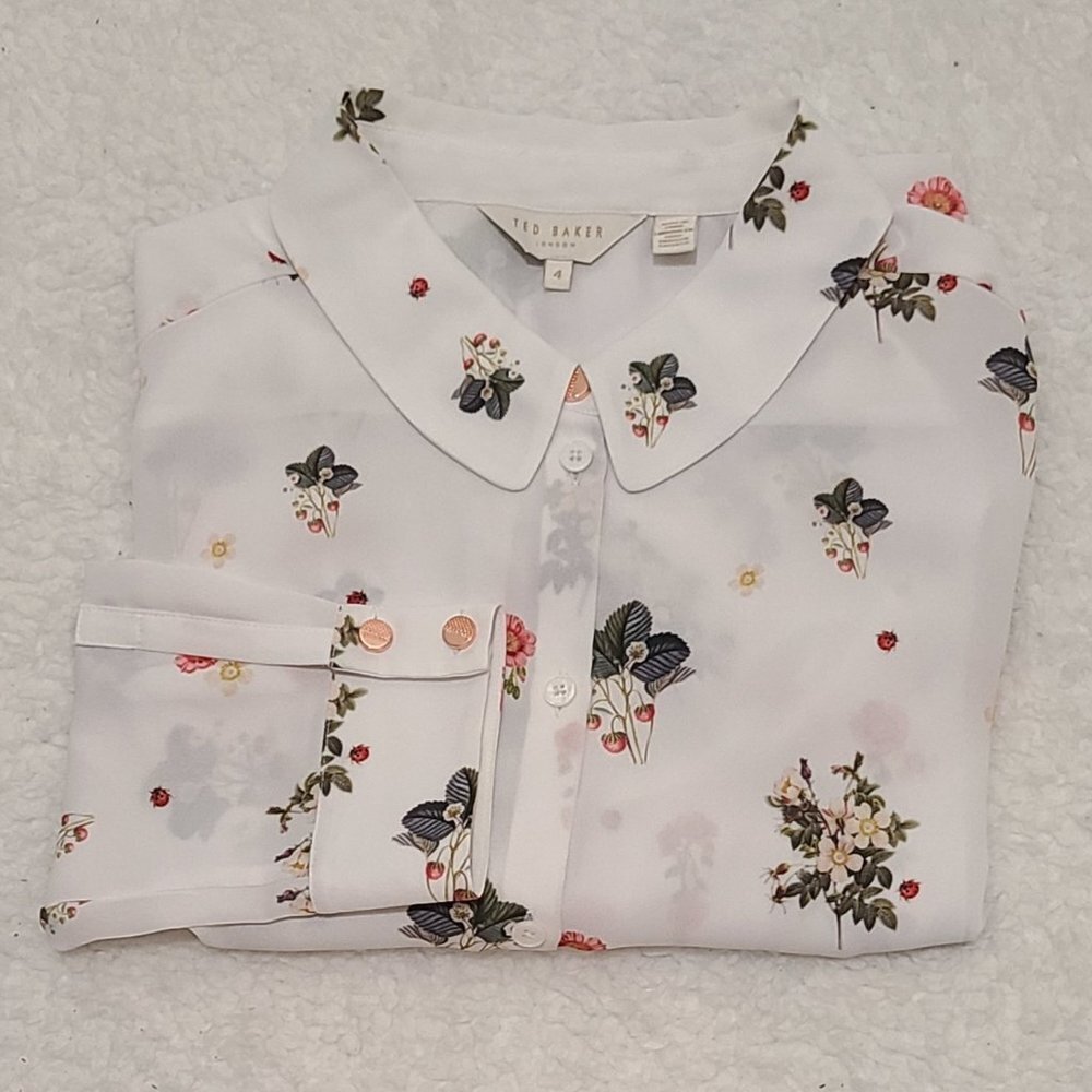 Ted Baker London Simma White Floral Blouse Long Sleeve Button Cuffs Size 4
